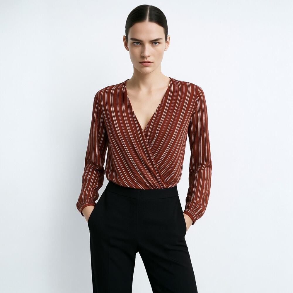ASTR Red Multicolor Striped Deep V Wrap Long Sleeve Cropped Blouse Top Sz S